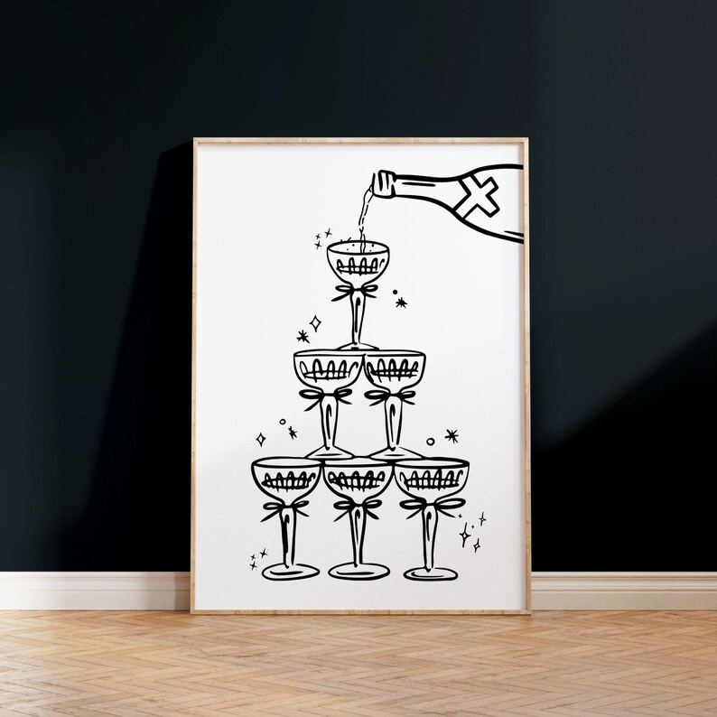 Black and white Champagne Wall Art Champagne Tower Print Girly Bar Cart Decor Alcohol Wall Decor Trendy Minimalist Cocktail Art Print Digital Download dorm room decor Girly apartment decor Gift Valentine's day decor