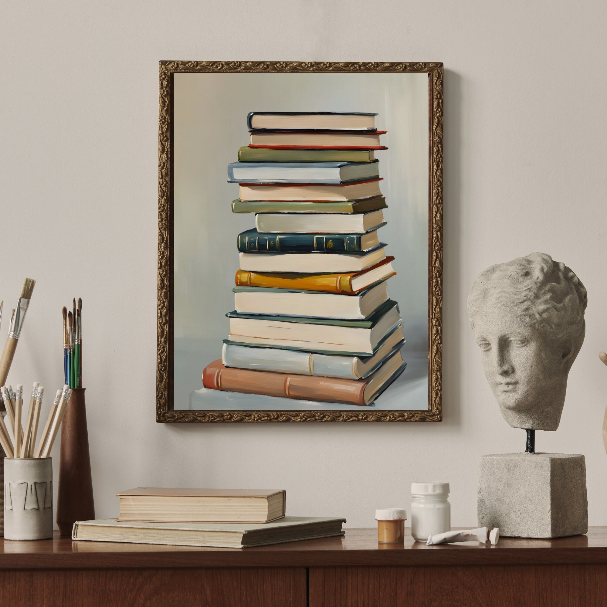 Book Lover Print, Stack of Books Painting, Gift for Book Lover ...