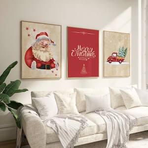 Christmas Printable Wall Art Set of 3, Christmas Poster, Vintage Christmas Prints, Red and Beige Christmas Decor, Holiday Prints, Digital