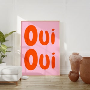 Oui Print, Pink Orange Wall Art, Oui Oui Poster, Bathroom Print, French Phrase Print, Minimlalist Typography, French Quote Digital Download