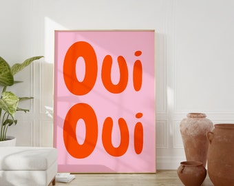 Oui Print, Pink Orange Wall Art, Oui Oui Poster, Bathroom Print, French Phrase Print, Minimalistyczna typografia, French Quote Digital Download