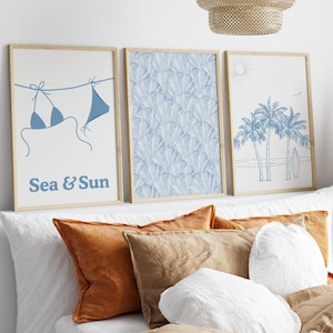 Seashell Print, Set of 3, Coastal Cowgirl Printable Poster, Blue Coastal wall art, Grandma Aesthetic, Beach House Decor, College Dorm Room