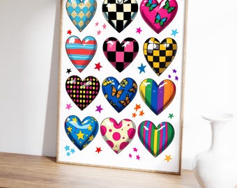 Retro Hearts Print: Girly Checkered Poster, Dopamine Decor