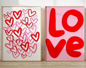 Impresión de pared de amor, decoración de pared retro, cartel de amor de tipografía de moda, arte de pared de corazones rosados, decoración de habitación de muy buen gusto, estampado rojo rosa, regalo de San Valentín