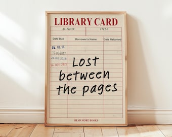 Beige bibliotheekkaartposter verloren tussen de pagina's afdrukken leeshoek decor boekenliefhebber kunst aan de muur digitale download