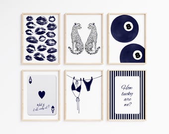 Navy Blue Prints - Cheetah Printable Poster - Bikini Wall Art - Kiss Lips Artwork - Girl Dorm Room Decor - Fashion Digital Download Bundle