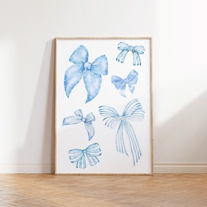 Blue Bow Print, Set of 2 Prints, Preppy aesthetic wall art, teen room decor, preppy poster, college apartment decor, pastel nursery wall art