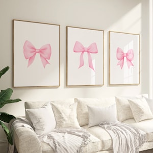 Impression noeud rose, lot de 3, art mural BCBG, décoration de chambre d'ado, affiche preppy, déco d'appartement universitaire, affiche pastel d'art mural girly de chambre d'enfant