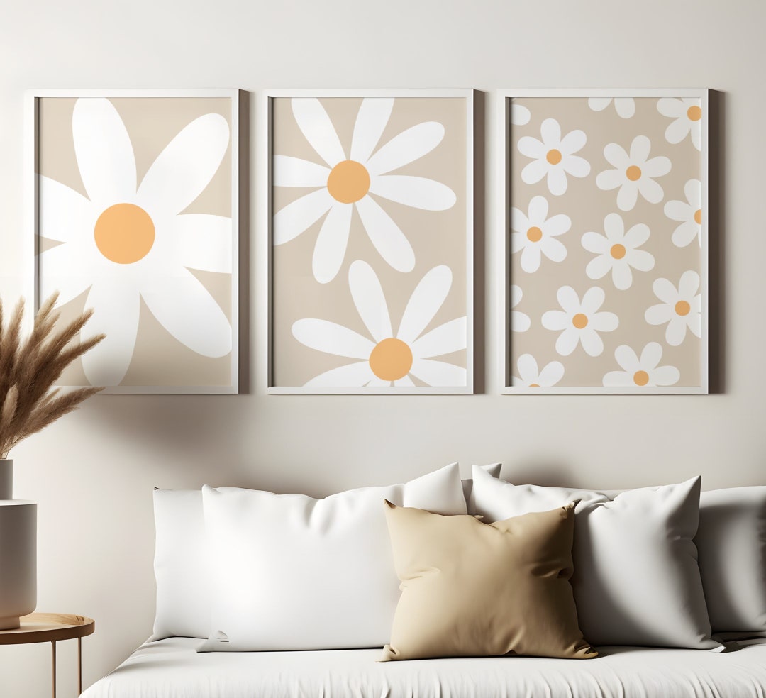 Daisy Nursery Wall Art, Set of 3, Beige Nursery Print, Daisies Boho ...