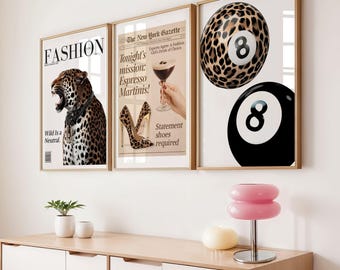 Leopard Wall Art Set of 3 Y2K Fashion Poster Aesthetic College Dorm Decor Leopard Print Gallery Wall Apartment Aesyhetic Lucky 8 ball Print