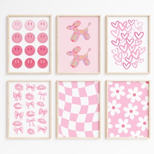 Pink preppy wall art Girly Trendy prints set of 6 College dorm decor Aesthetic Teens room decor Printable Bows Print, Coquette Room Decor