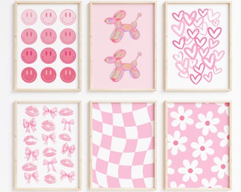Pink preppy wall art Girly Trendy prints set of 6 College dorm decor Aesthetic Teens room decor Printable Bows Print, Coquette Room Decor