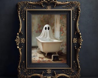 Könnte beinhalten: Ein gerahmtes Gemälde zeigt einen Geist in einer Badewanne. Das Kunstwerk befindet sich in einem schwarzen und goldenen, verzierten Rahmen. Der Geist ist mit einem weißen Laken mit zwei schwarzen Augen bedeckt. Die Badewanne ist weiß.
