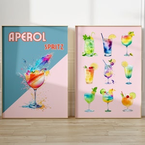 Aperol Spritz Cocktail Print, zestaw 2 sztuk, Vintage Bar Decor Retro Kitchen Wall Art Poster Minimalistyczny Digital Art Bar Cart Decor Alkohol plakat
