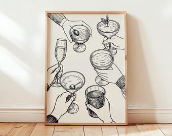 Stampa carrello bar retrò, Cheers Wall Art, decorazione da cucina, poster cocktail, download digitale, decorazione carrello bar per feste, stampa cartello bevande