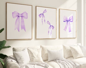 Purple Bow Print, set of 3, Preppy wall art, teen room decor, Lavender poster, college apartment decor, nursery girly wall art  Lilac poster