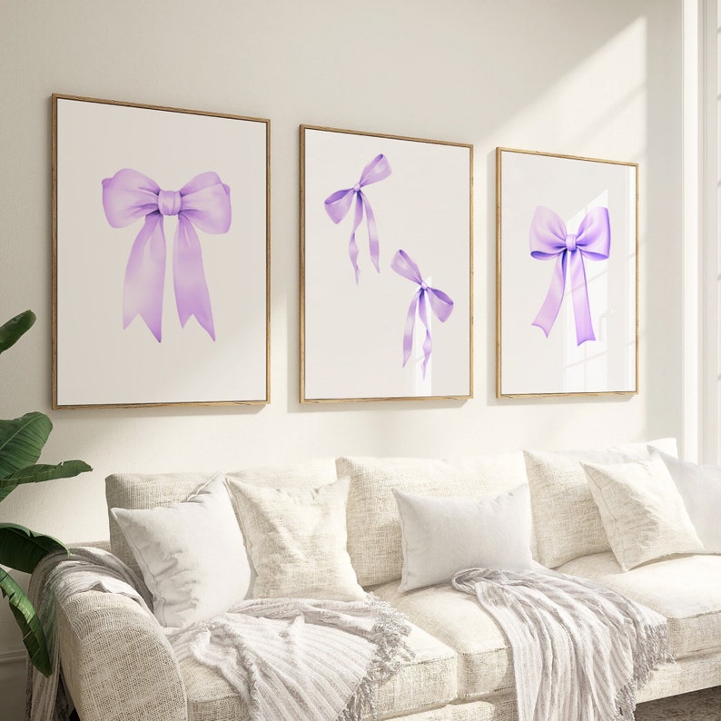 Purple Bow Print, Preppy aesthetic wall art, teen room decor, preppy poster, college apartment decor, nursery girly lilac wall art print, pastel poster, printable room decor, room decor for teens, digital download, set of 3 prints