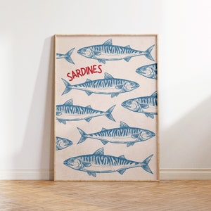 Sardines Poster, Kitchen Wall Art, Retro Sardines Wall Art, Fish Wall Art, Fish Print, Retro Kitchen print, Kitchen Wall Art, Vintage Decor