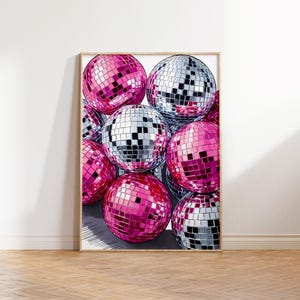 Pink Disco Ball Print Funky 70s Ästhetischer Druck Silber Spiegelball Poster Wohnung Dekor College Wohnheim Dekor Trendige Poster Dopamin Dekor