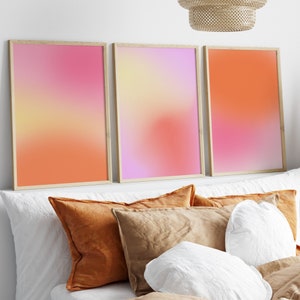 Impresiones de aura pastel, conjunto de 3, póster de aura rosa positiva, impresión de aura degradada, cuidado personal de póster espiritual, arte de pared degradada de desenfoque rosa naranja