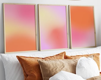 Impresiones de aura pastel, juego de 3, póster de aura rosa positiva, impresión de aura degradada, póster espiritual de autocuidado, arte de pared con degradado borroso naranja y rosa.