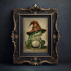 May include: A framed painting of a green frog wearing a brown witch's hat. The frog has large, black eyes and is centered in the frame. The frame is black with gold accents and ornate detailing.