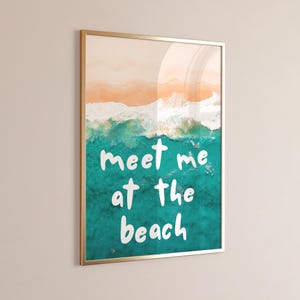 Meet Me At The Beach Print Beach House Decor Trendy Coastal Art Blue Pink Typography Poster Ocean Wall Art Summer Poster Digital Download