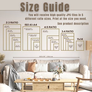 May include: A size guide for digital prints, showing different aspect ratios and corresponding dimensions in inches and centimeters. The guide includes 2:3, ISO A1-A4, 4:5, 3:4, and 11x14 ratios. The text "See product description" is also included.
