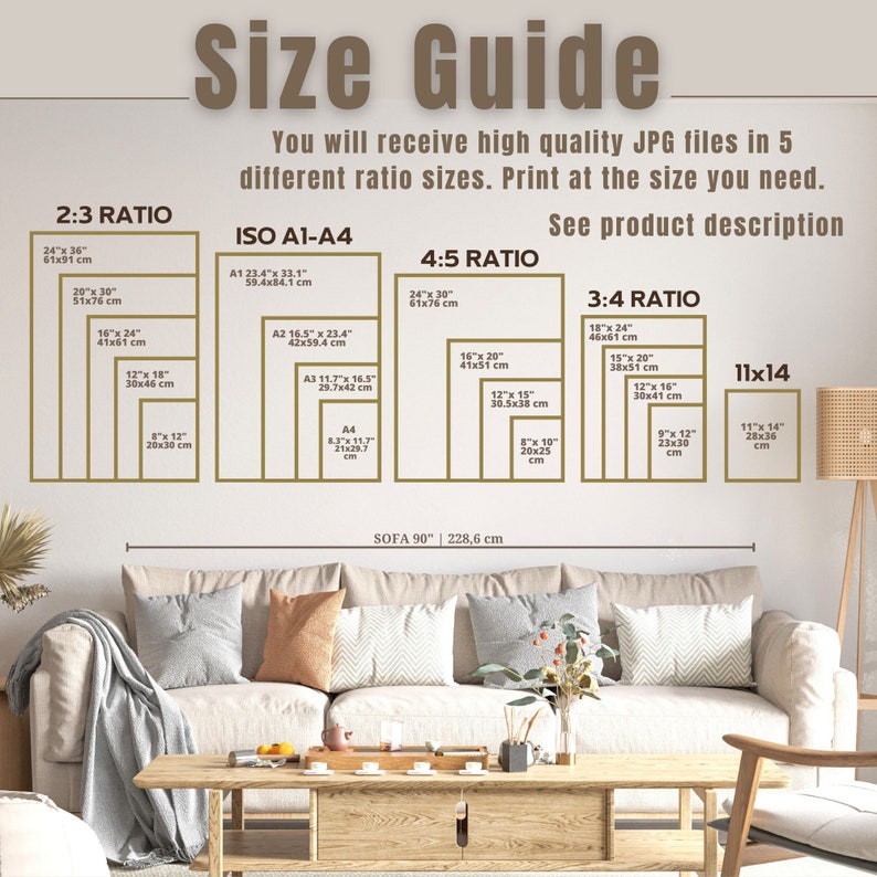 May include: A size guide for digital prints, showing different aspect ratios and corresponding dimensions in inches and centimeters. The guide includes 2:3, ISO A1-A4, 4:5, 3:4, and 11x14 ratios. The text "See product description" is also included.