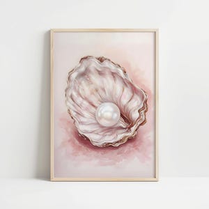 Stampa di frutti di mare con ostriche, decorazione da cucina alla moda, pittura a olio di ostriche, sala da pranzo, arte del cibo, perla rosa, arte estiva, decorazione per la casa sulla spiaggia