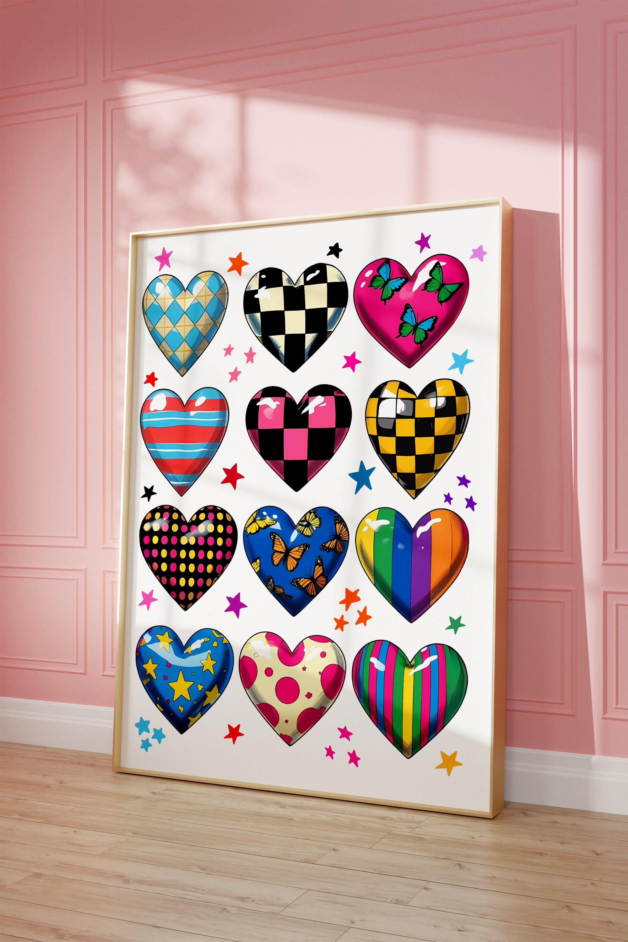 Retro Hearts Print: Girly Checkered Poster, Dopamine Decor