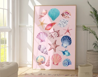 Snäckskaltryck, rosa kustnära cowgirldekor, strandrumsdekor, surfposter, maximalistisk väggkonst, flickig preppy studenthemsdekor, strandhus