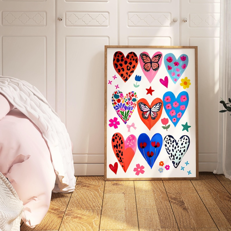 Colorful Hearts print Girly Dopamine wall art Maximalist Handrawn Poster Funky bedrroom decor Love Gift for her Eclectic Floral Animal Print