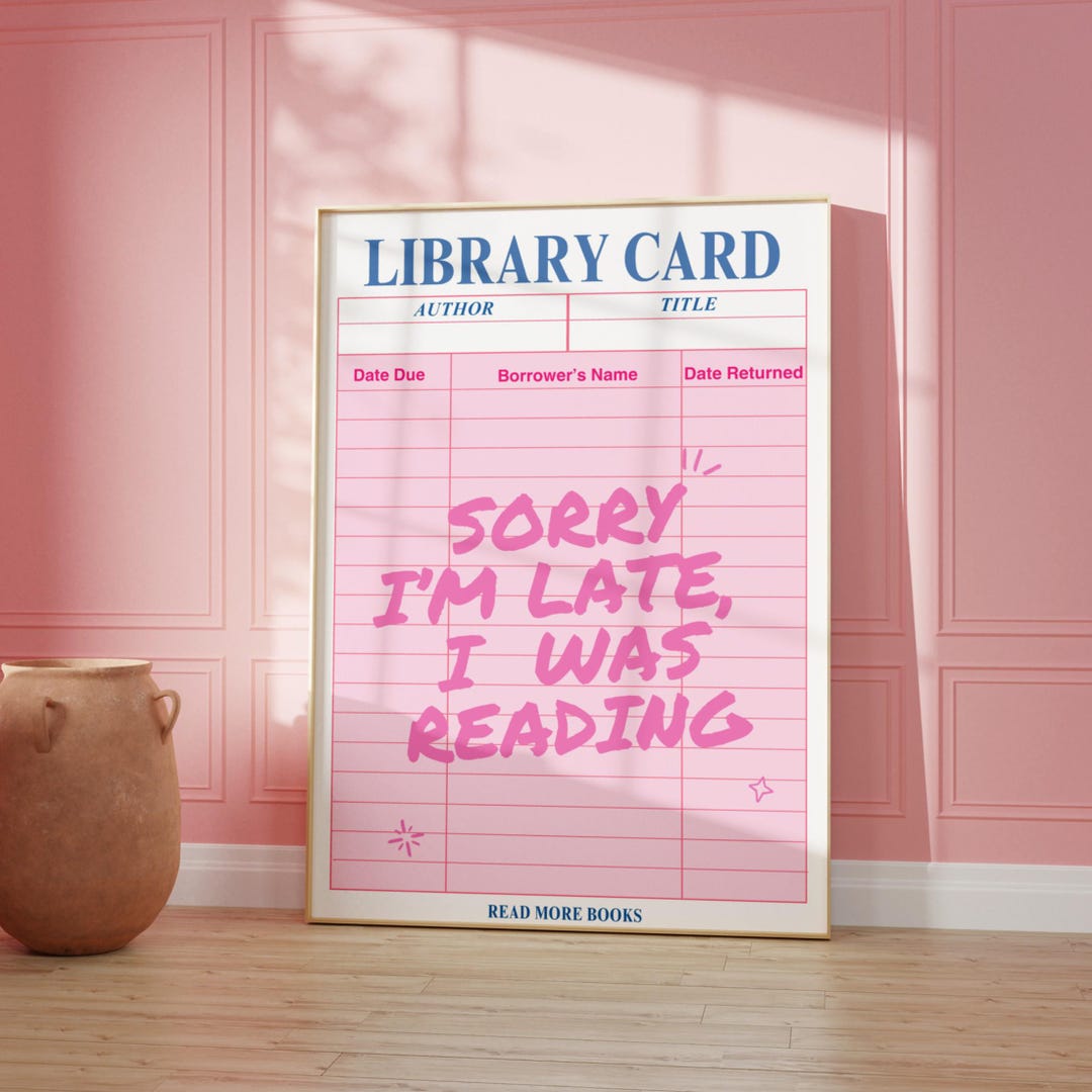 Pink Library Card Wall Art Book Club Print Reading Corner Decor Book ...