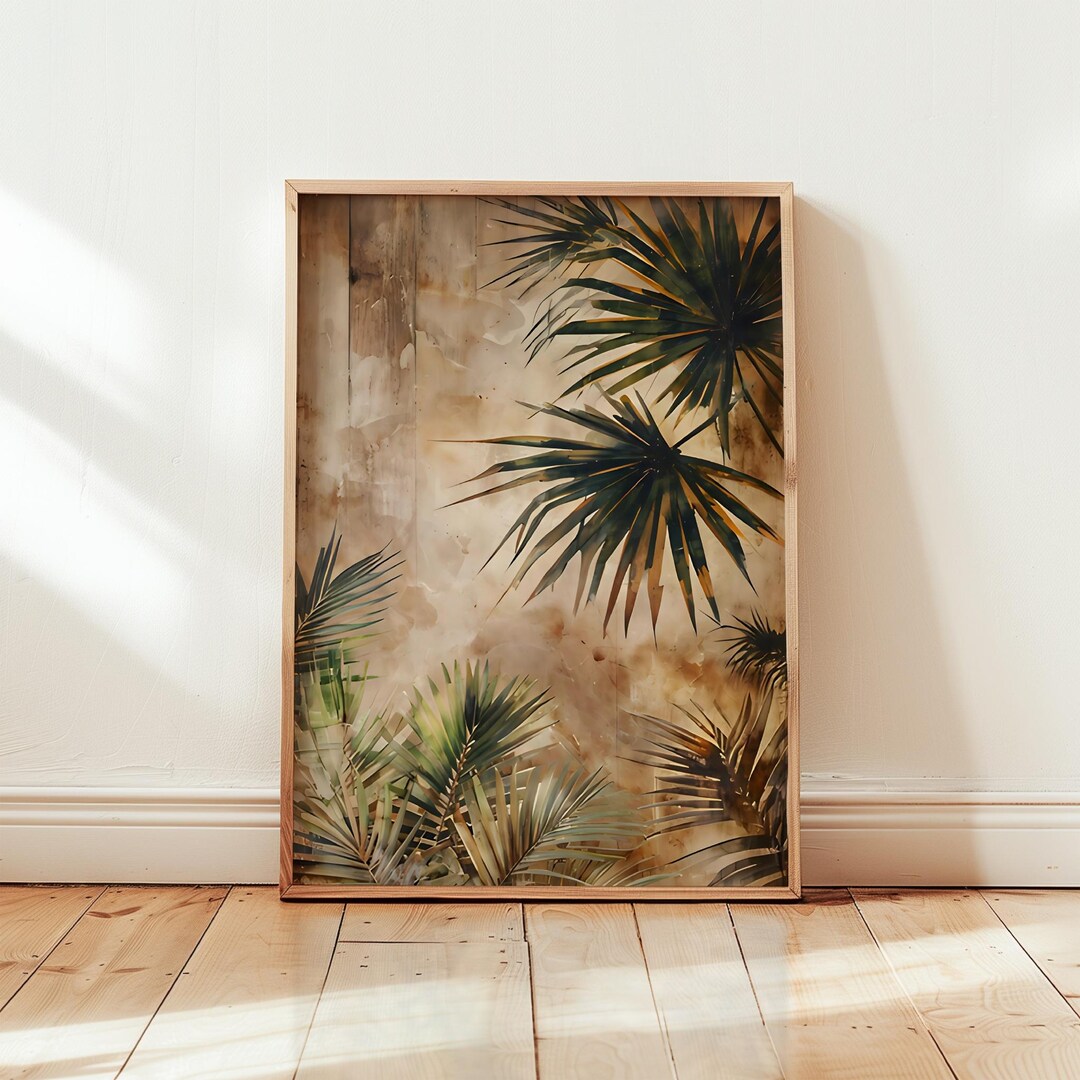Palm Tree Print Abstract Palm Leaves Wall Art Soft Beige Beachy Home ...