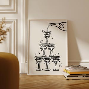 Black and white Champagne Wall Art Champagne Tower Print Girly Bar Cart Decor Alcohol Wall Decor Trendy Minimalist Cocktail Art Print Digital Download dorm room decor Girly apartment decor Gift Valentine's day decor
