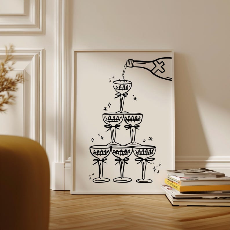 Black and white Champagne Wall Art Champagne Tower Print Girly Bar Cart Decor Alcohol Wall Decor Trendy Minimalist Cocktail Art Print Digital Download dorm room decor Girly apartment decor Gift Valentine's day decor