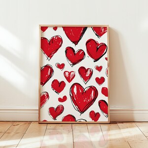 Red Hearts print preppy wall art Trendy Lovecore Poster Cute Romantic Girly room decor printable love gift for her Valentine&#39;s day above bed