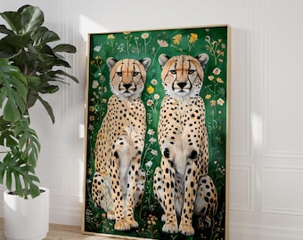 Green Leopard Art Print Trendy Cheetah Print Glam Jaguar Wall Art Big Cat Animal Boho Jungle Poster Maximalist Feline Tiger Illustration