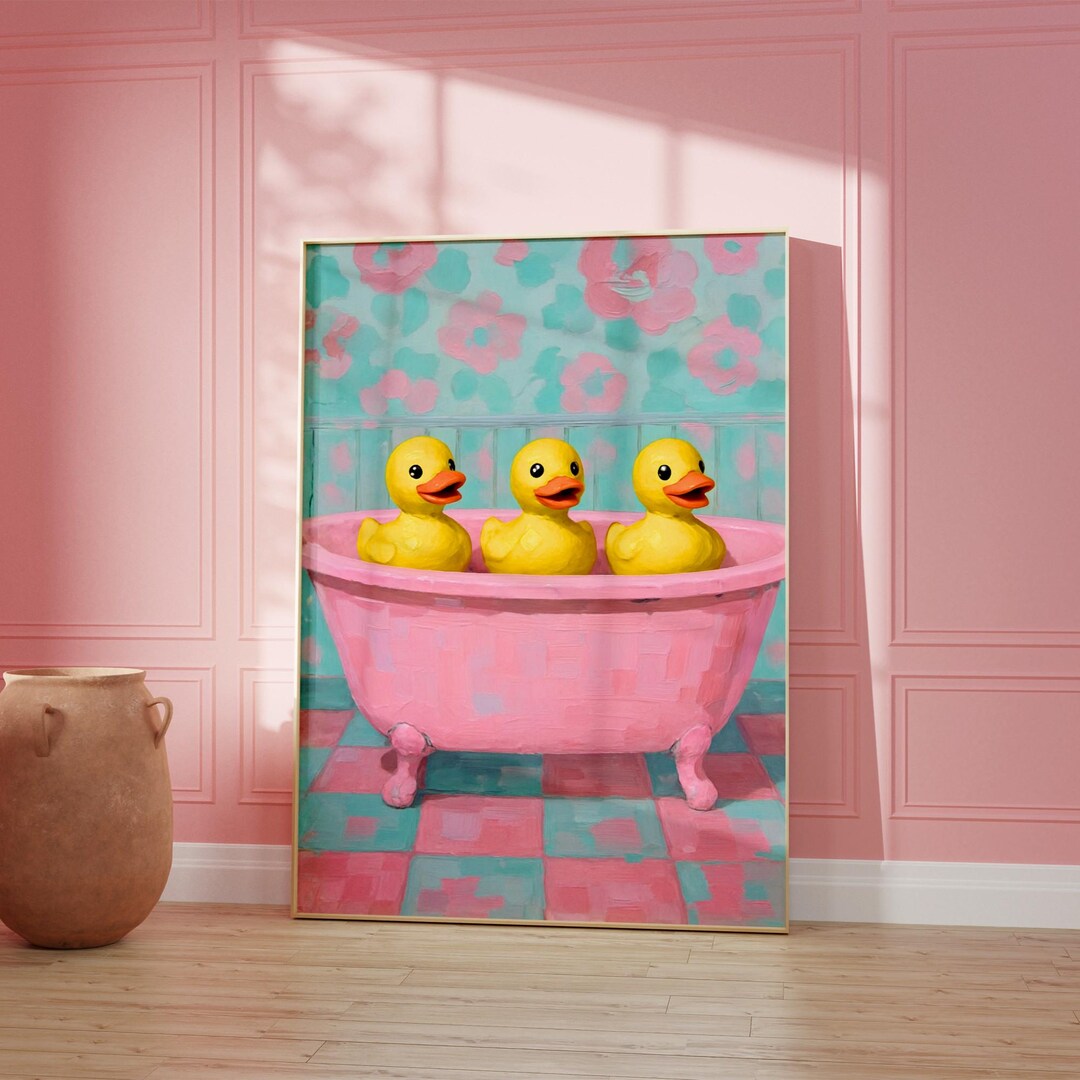 Duck in Bathtub Print, Pink Funny Bathroom Wall Art, Rubber Ducky ...