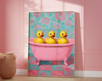 May include: A framed artwork depicts three yellow rubber ducks in a pink bathtub. The background features a floral pattern in teal and pink. The floor is a checkered pattern of pink and teal squares. The artwork is displayed against a pink wall.