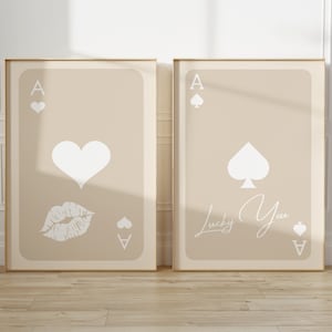 Ace Playing Card print, Set of 2 Prints, Feeling Lucky Digital Poster, Beige Ace of Hearts Art; Trendy Game Room Wall Art,Spades Poker Print