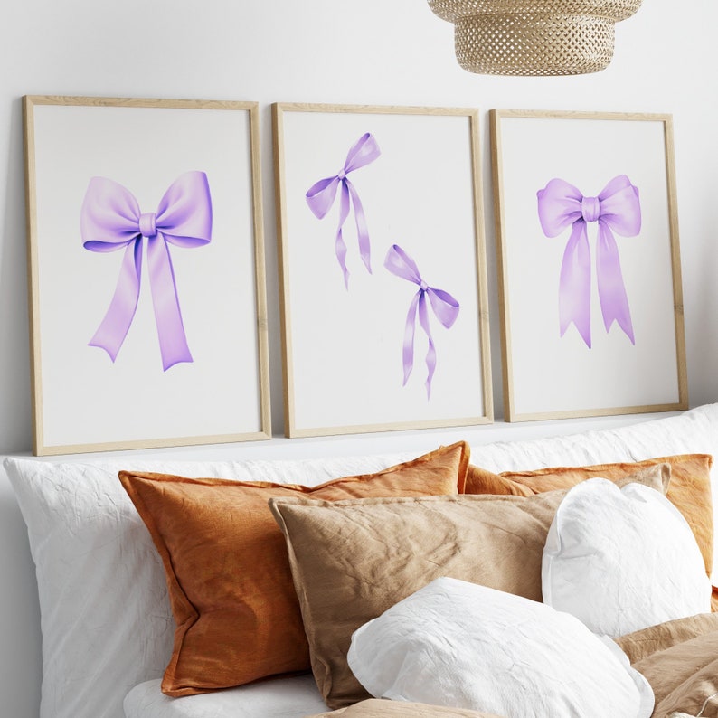 Purple Bow Print, Preppy aesthetic wall art, teen room decor, preppy poster, college apartment decor, nursery girly lilac wall art print, pastel poster, printable room decor, room decor for teens, digital download, set of 3 prints