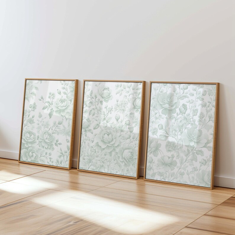 Chinoiserie Wall Art Sage Green Vintage Floral Print Set of 3 Posters