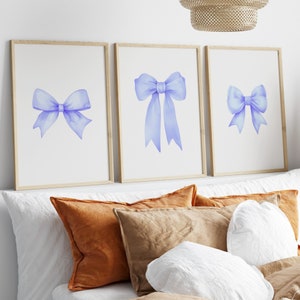 Blue Bow Print, set of 3, Preppy wall art, teen room decor, preppy poster, college apartment decor, nursery girly wall art, pastel poster