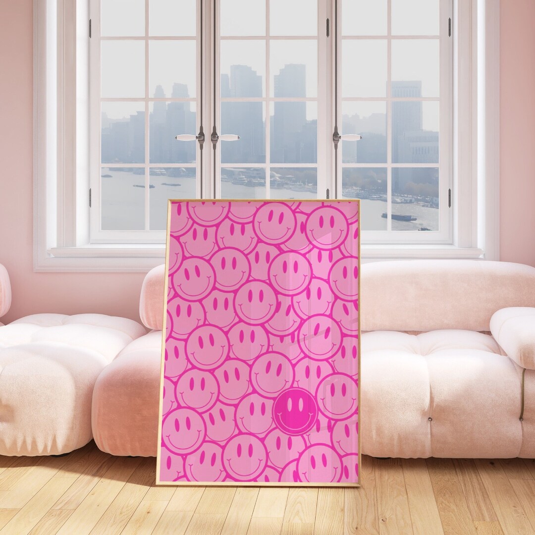 Pink Smiley Face Poster, Hot Pink Preppy Prints, Fun Smileys Wall Art ...