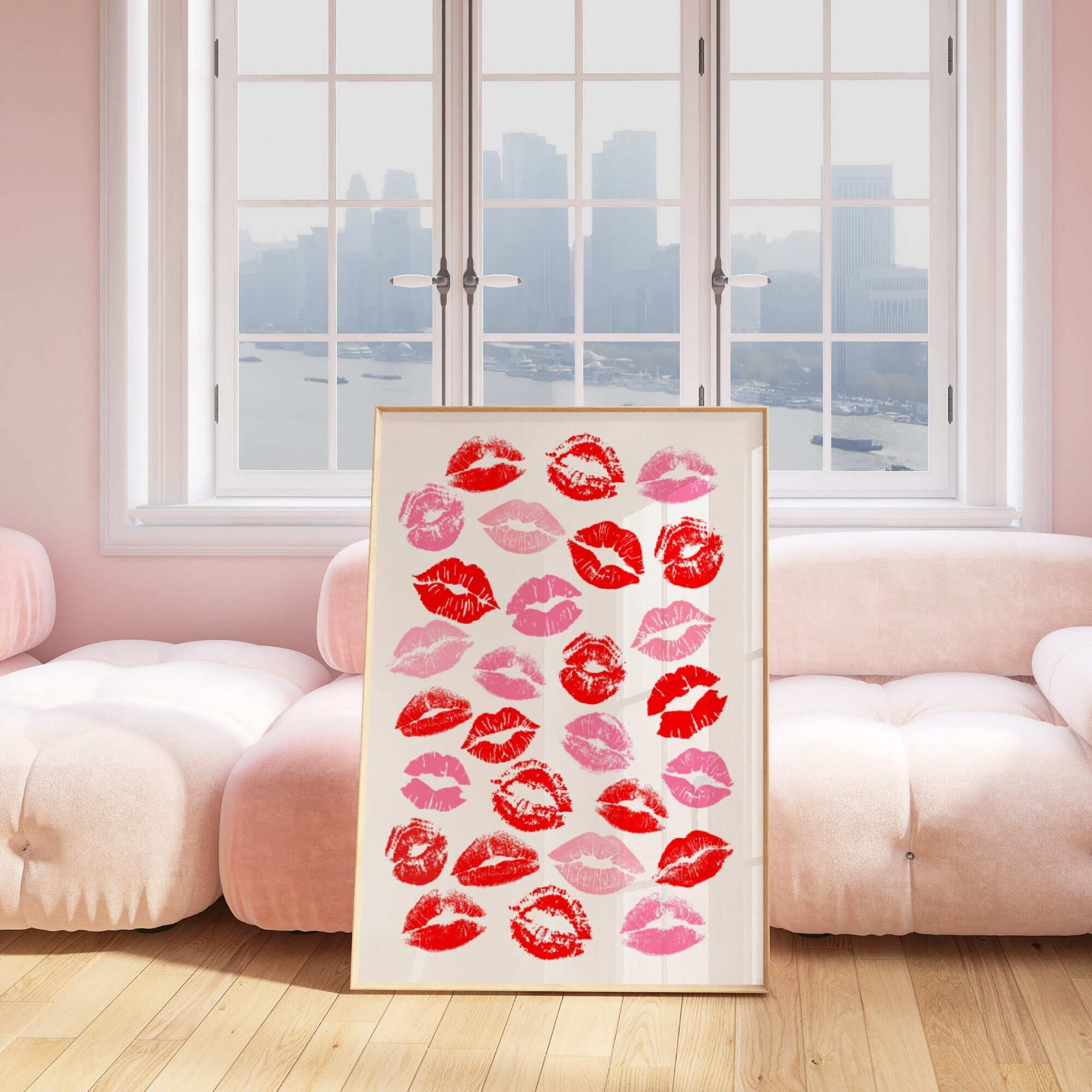 Kiss Lips Wall Art, Red Lips Print, Trendy Digital Print, Preppy Dorm Poster; Pink Red Pink Print, Funky Kisses Print, Fashion Make Up Print