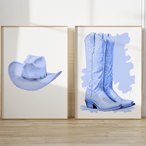 Pastel blue cowgirl hat print, set of 2, Coastal cowgirl print, blue western Painting, Preppy dorm room decor, Trendy Cowgirl Boots poster