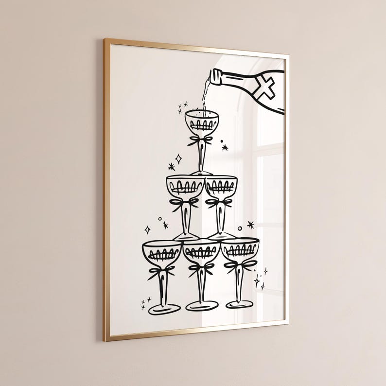 Black and white Champagne Wall Art Champagne Tower Print Girly Bar Cart Decor Alcohol Wall Decor Trendy Minimalist Cocktail Art Print Digital Download dorm room decor Girly apartment decor Gift Valentine's day decor