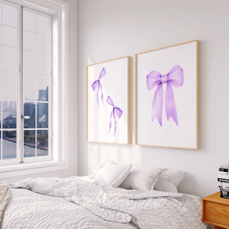 Purple Bow Print, Preppy aesthetic wall art, teen room decor, preppy poster, college apartment decor, nursery girly lilac wall art print, pastel poster, printable room decor, room decor for teens, digital download, set of 3 prints